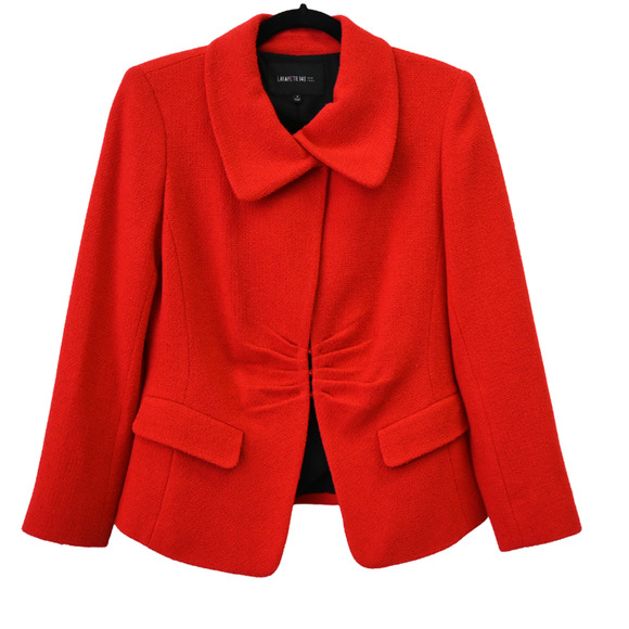 Lafayette 148 Blazer Jacket Size 2 Red Tweed Virgin Wool Ruched Office Chic - Picture 1 of 10